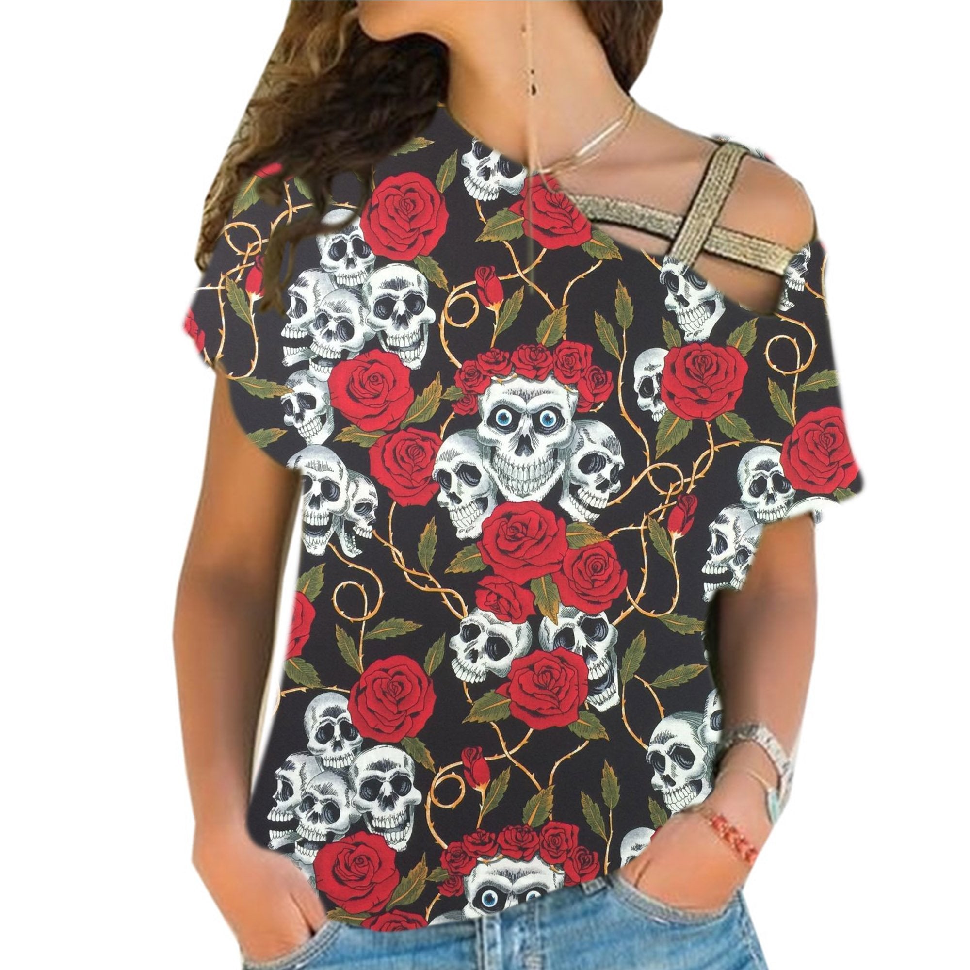 Skull19 Candy Roses Cross Shoulder Shirt