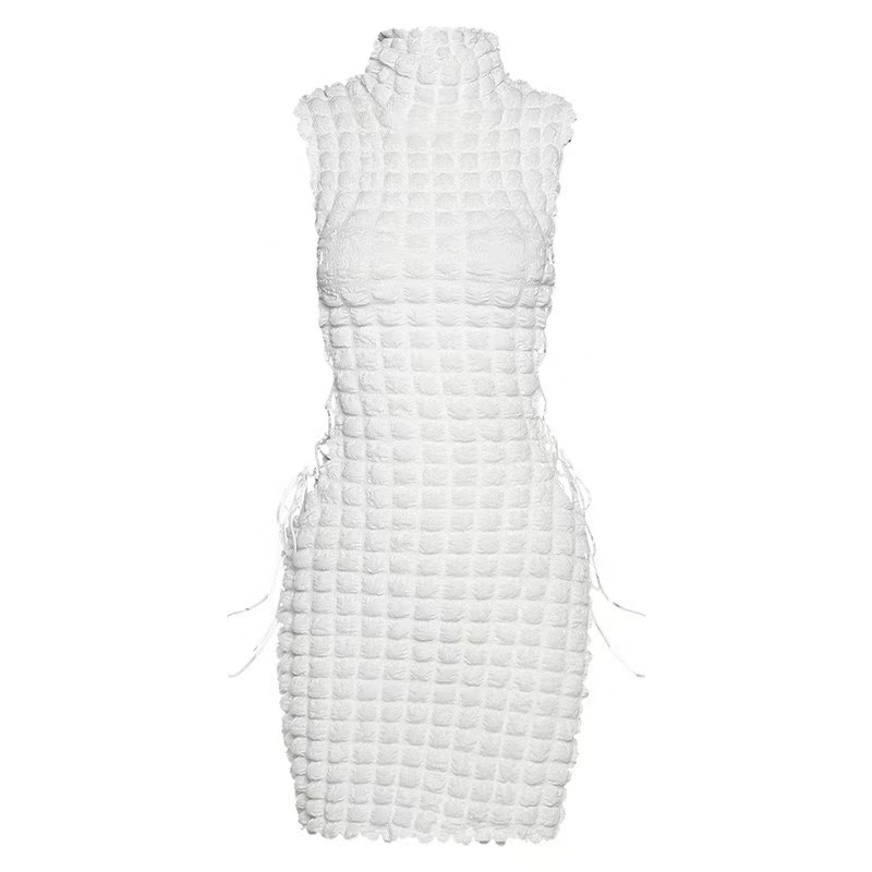 2022 New Stacked Plaid Bandage Hollow Sexy Solid Y2K Dress Elegant Women Sleeveless Turtleneck String Bodycon Party Mini Dresses alx