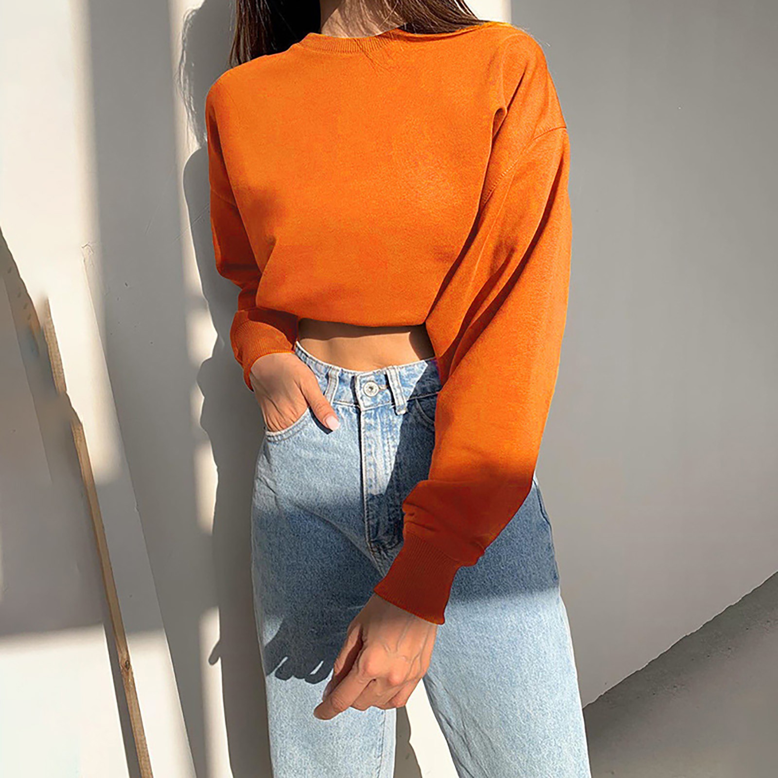 Women’s Personality Short Long Sleeve Pullover Waist Slim Casual Pullover Sweatshirt New Sexy Solid Simple Crop Tops for Female alx