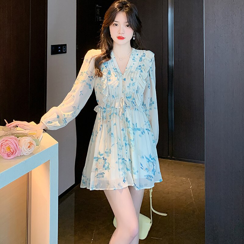 2022 New Floral Chiffon Fashion Light Midi Dress Women Korean Elegant Chic Ruffled Beach Dress Spring Autumn Bodycon Party Dress alx