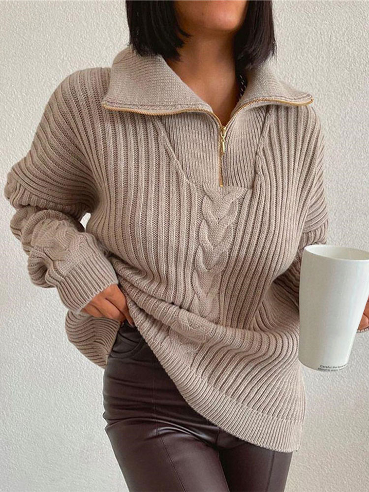 Woman Vintage Lapel Cashmere Knit Sweaters Casual Twist Oversized Half Zipper Pullover Autumn Female Thick Warm Elegant Clothes alx