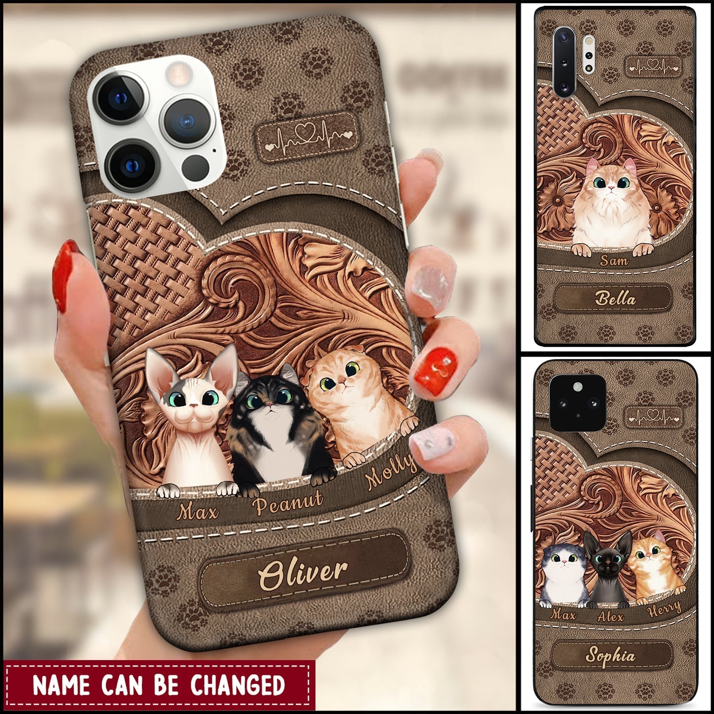 Personalized Cat Mom Puppy Pet Cats Lover Texture Leather Phone Case, Gift For Cat Lover