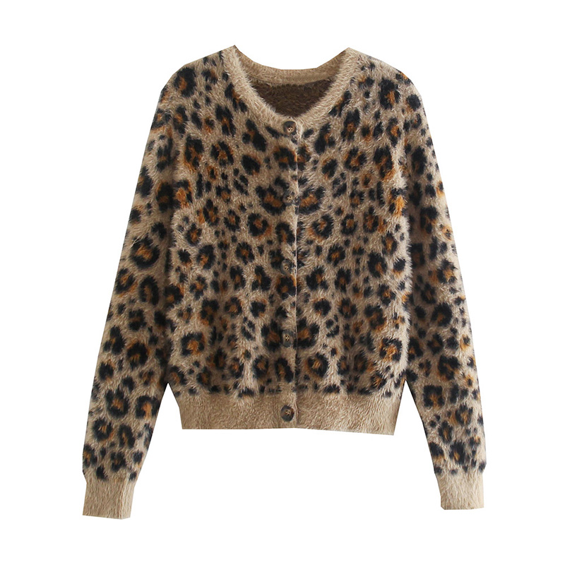 2021 Women Autumn Fashion Leopard Cardigan Knit Sweater Vintage O-Neck Faux Fur Single Breasted Female Outerwear Chic Top alx