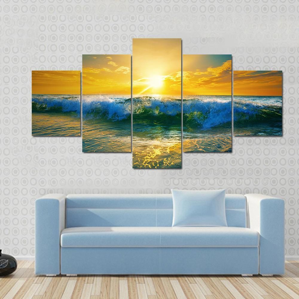 Close Up Of Ocean Waves At Sunrise Nature 5 Panel Canvas Art Wall Decor