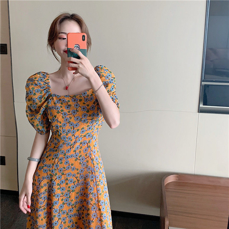 Vintage Midi Puff Sleeve Casual Loose Summer Light Dress Women’s Dresses Floral Tunics Korean Fashion Elegant Aesthetic 2022 alx