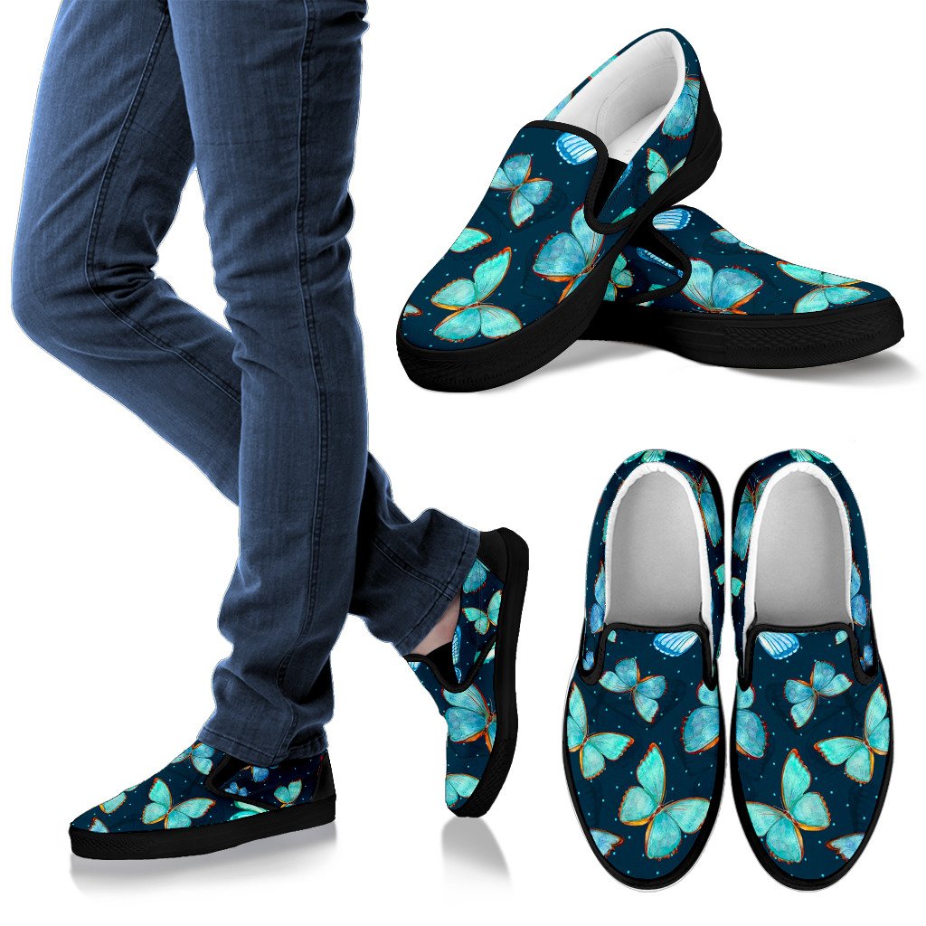 Watercolor Blue Butterfly Pattern Print Women’S Slip On Shoes