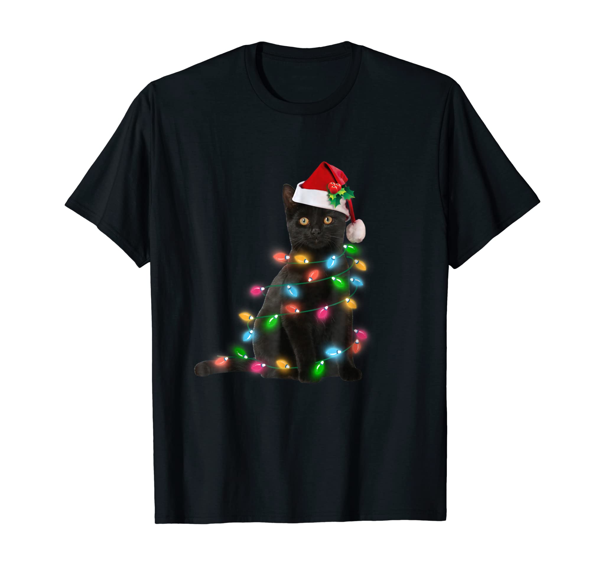 Black Cat Christmas Light Tshirt Funny Cat Lover Christmas