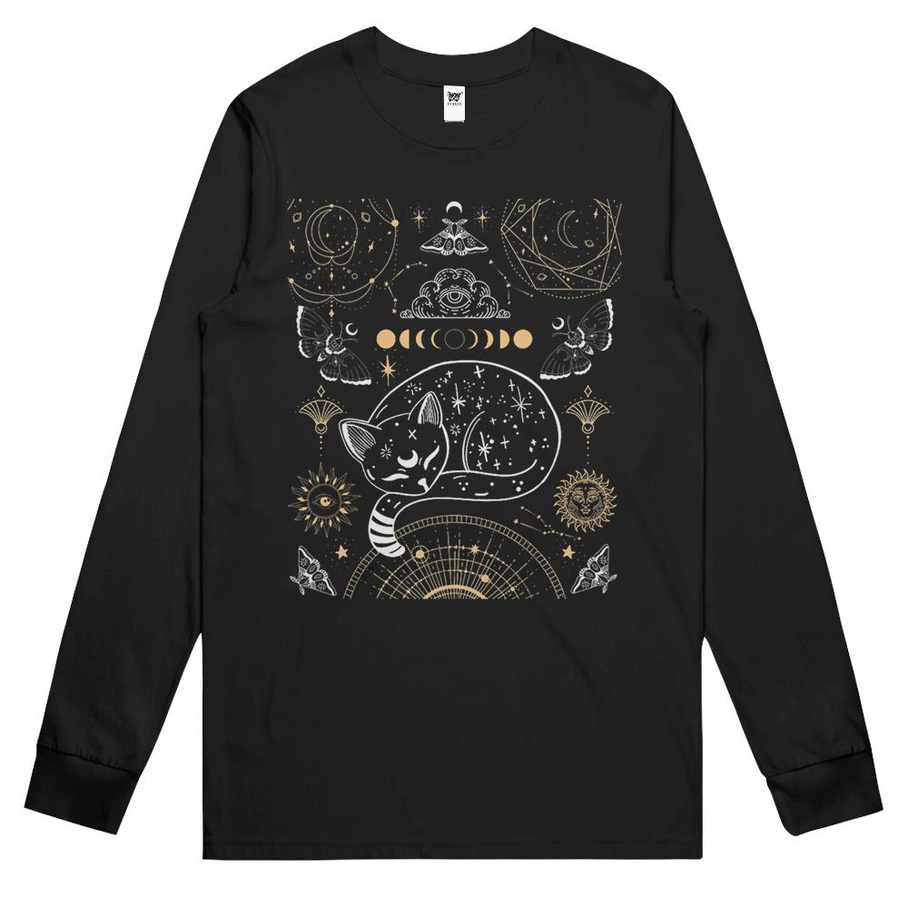 Cat Luna Moth Moon Phases Dark Academia Aesthetic Occult Long Sleeve T Shirts