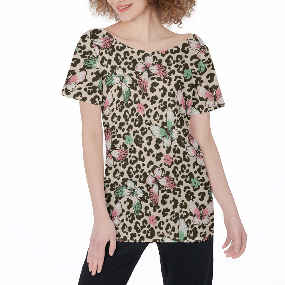 Butterflies On Leopard Dots Off Shoulder T-Shirt