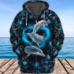 Blue Dolphin Black Ocean Trending 3D Full Print Zipper Hoodie