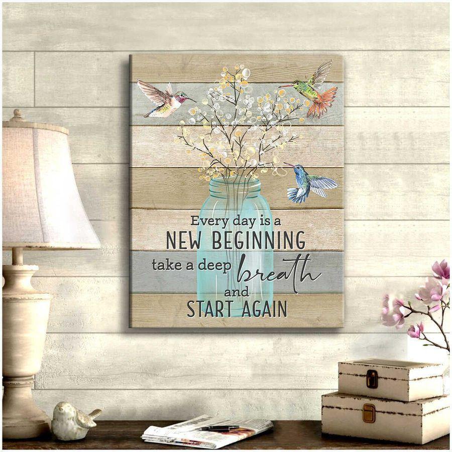 Breath Flowers & Hummingbirds Every Day Is A New Beginning – Best Idea Gift , Gift For Home Decor, Gift For Family – Horizontal Canvas Matte Canvas Wall Art