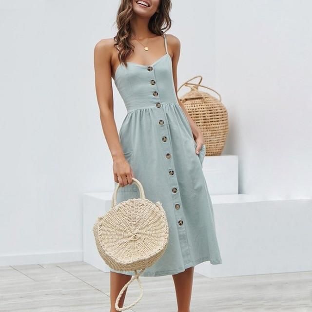 VIEUNSTA Leopard Floral Printed Strap Dress Summer 2019 Women V-neck Button Midi Party Dress Elegant Sleeveless Pockets Sundress