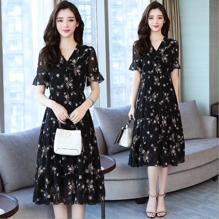 Summer Black Vintage Floral Chiffon Midi Sundress Elegant Women Plus Size Boho Dresses Party Short Sleeve Runway Vestidos E397 alx