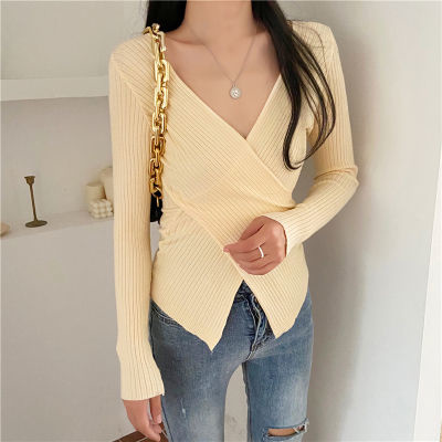 2022 Autumn Winter Sexy Criss-cross V-Neck Short Pullovers Sweaters Fashion Long Sleeve Slim Basic Knitted Tops Korean Jumpers alx