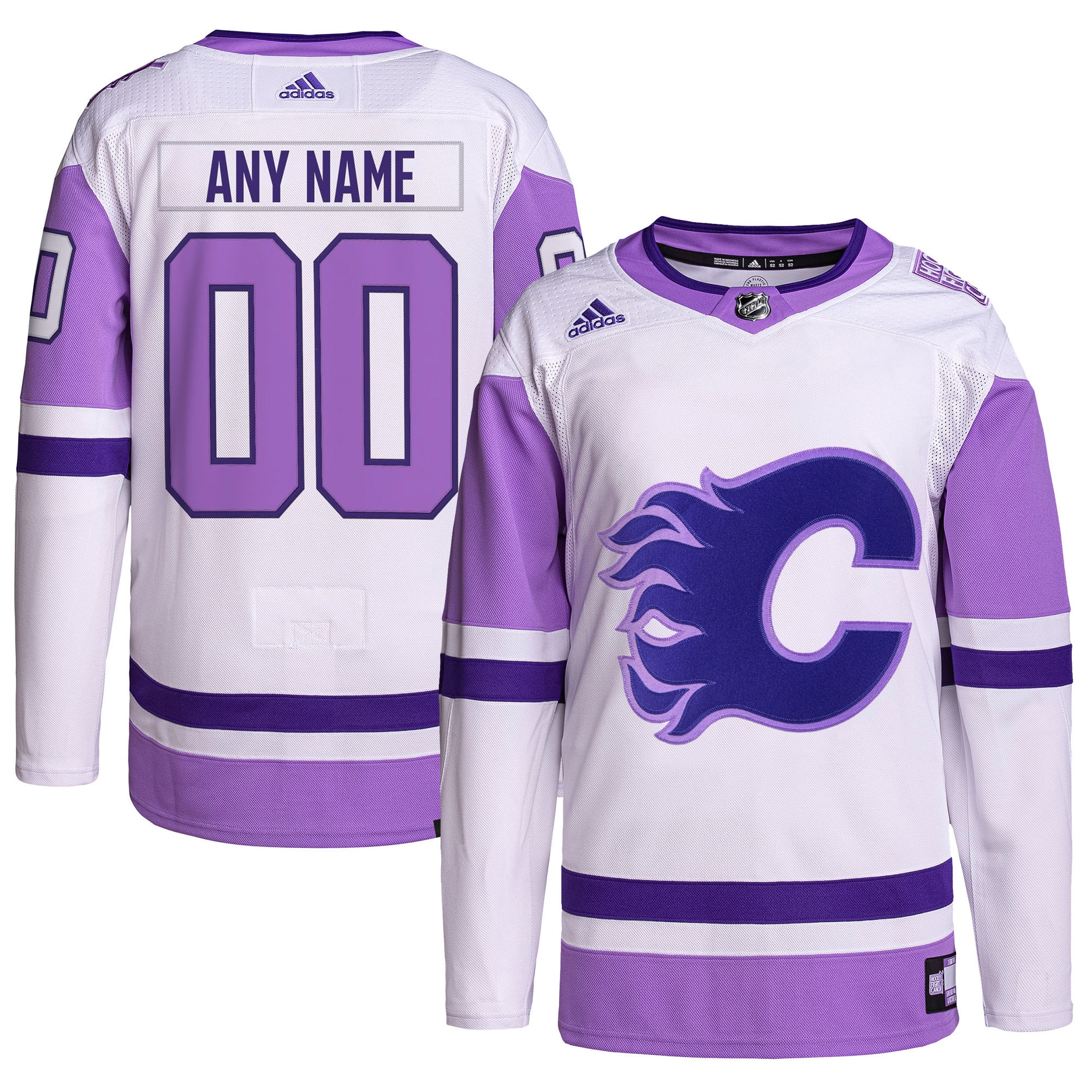 Calgary Flames Hockey Fights Cancer Primegreen Authentic Custom Jersey – White/Purple