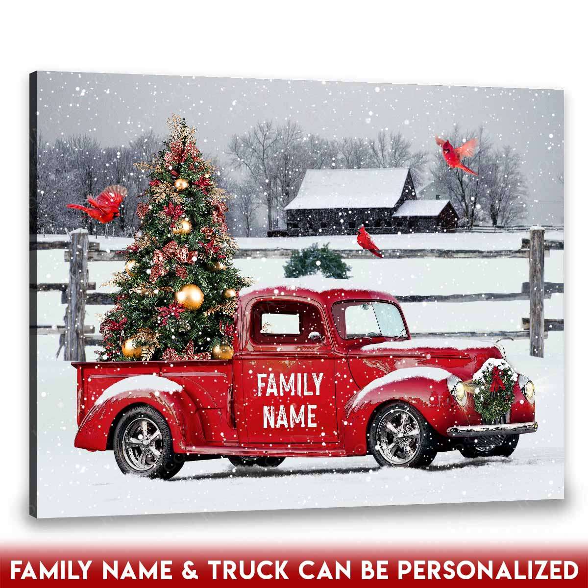 Personalized Name Christmas Canvas Red Classic Truck With Christmas Tree Wall Art Home Decoration