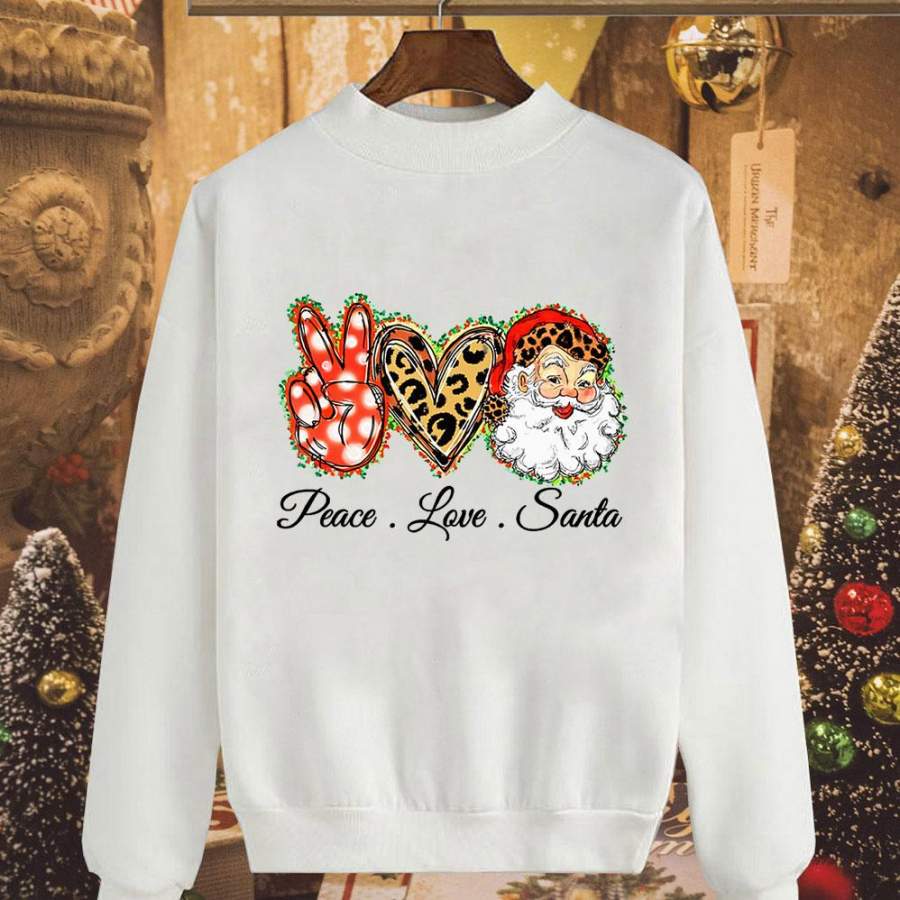 Christmas peace love santa happy funny time leopard awesome gift merry xmas white sweatshirt for men and women S-5XL