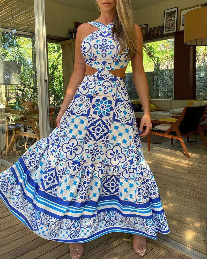 Vintage Printed Dresses Summer 2022 Women Sleeveless Halter Sexy Long Dress A-Line Elegant Woman Pary Dress alx