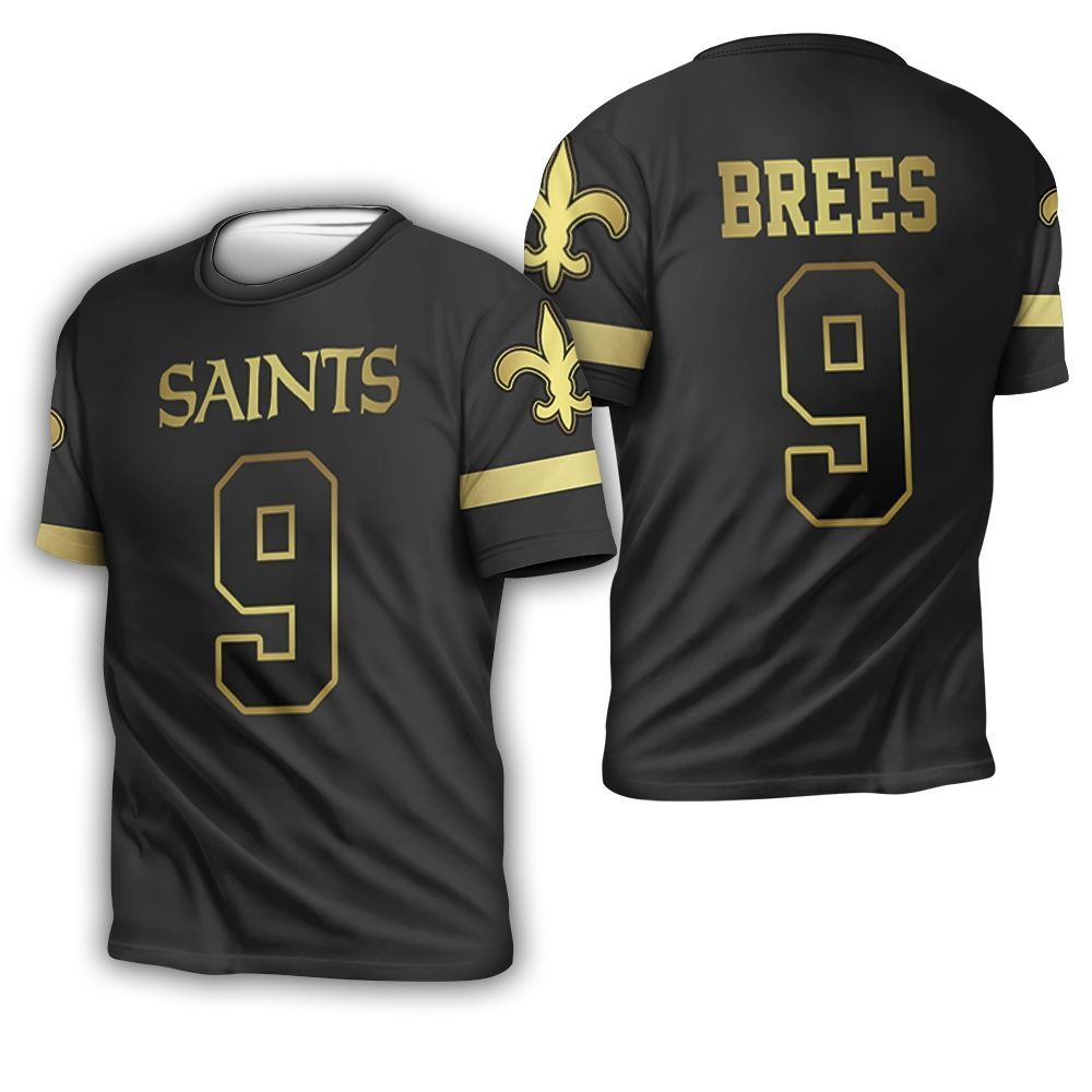 New Orleans Saints 9 Drew Brees Black Golden Edition Jersey Inspired 3D T-Shirt