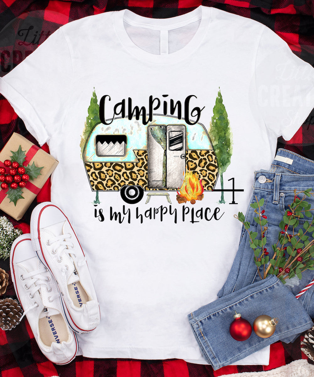 Camping Is My Happy Place Shirt Leopard Rv Camper Customizable – Standard T-Shirt