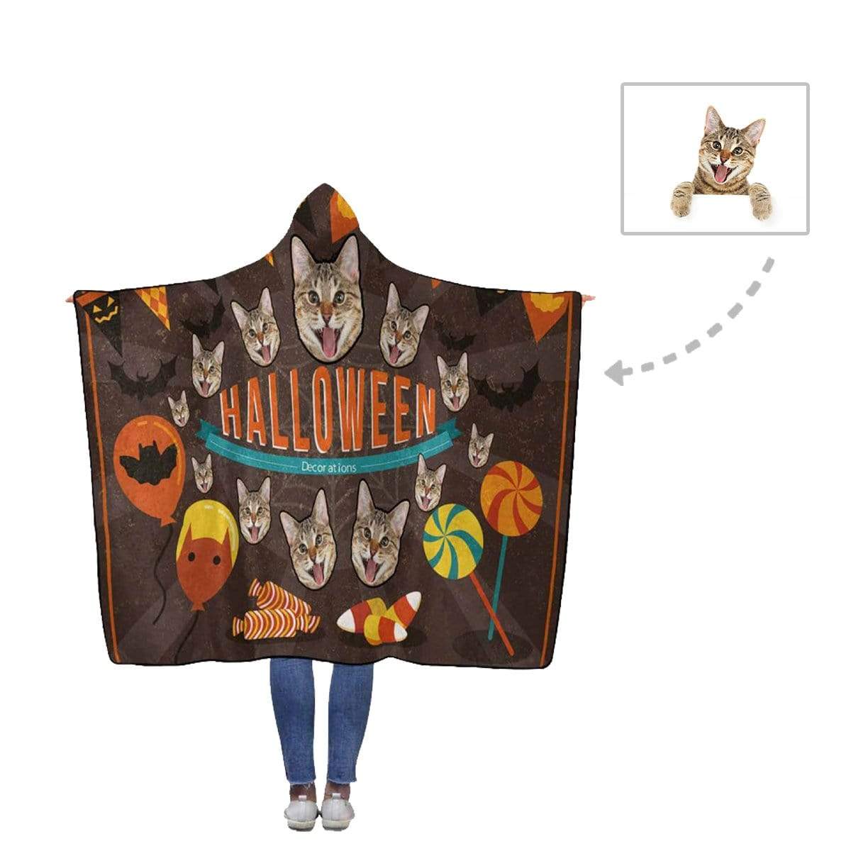 Custom Face Cat Halloween Flannel Hooded Blanket