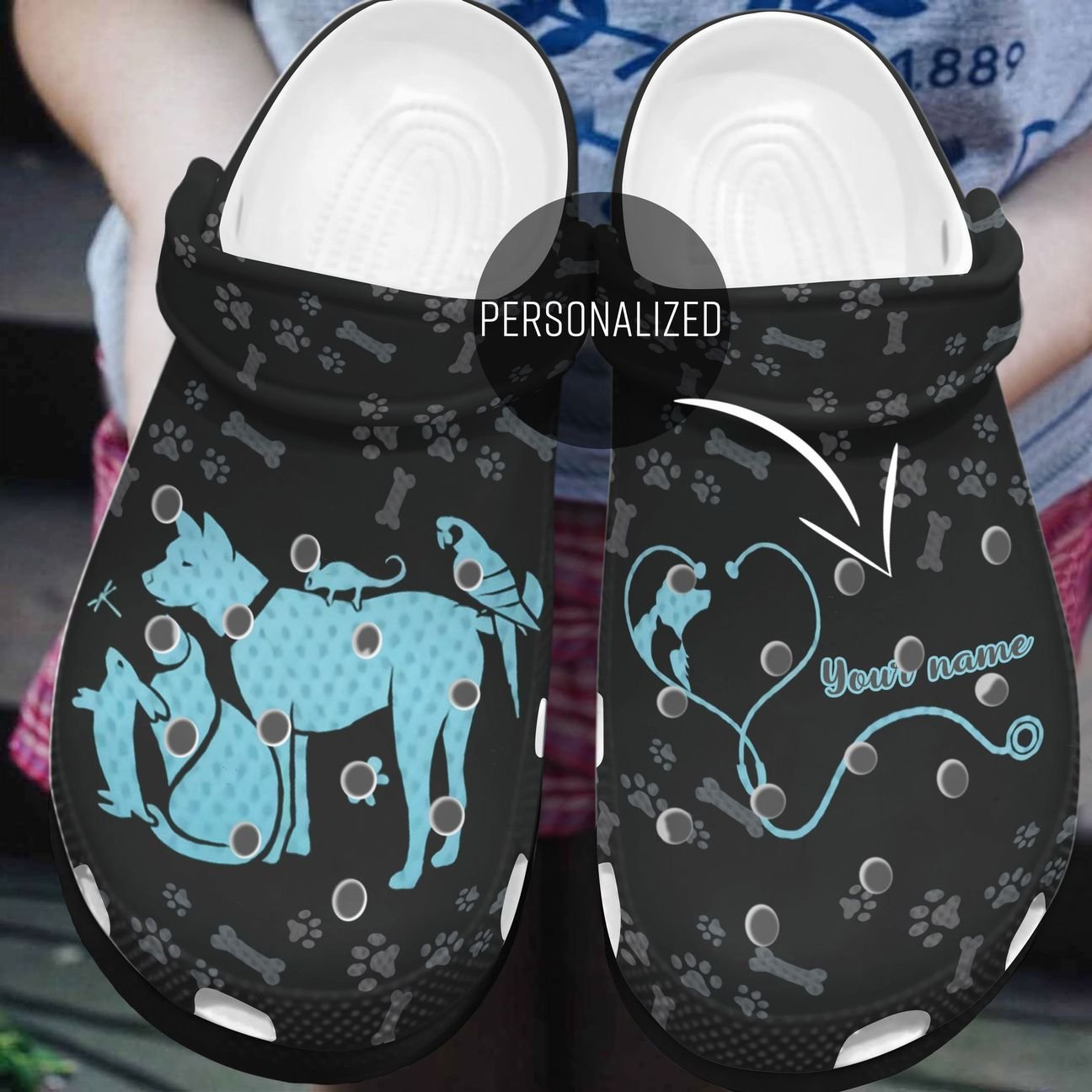 Vet Tech Personalized Clog, Custom Name, Text, Color, Number Fashion Style For Women, Men, Kid, Print 3D Paws & Bones