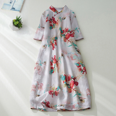 Women Cotton Linen Maxi Dresses Floral Print Cheongsam Casual Loose Short Sleeve Sundress Summer Literary Vestidos Female alx