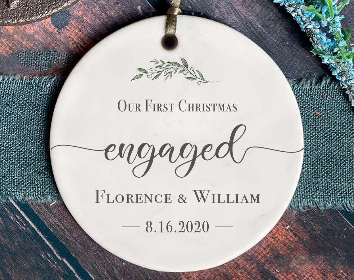 Engaged Christmas Ornament – Custom Greenery Engagement Keepsake – First Christmas Engaged – Classic Engaged Ornament