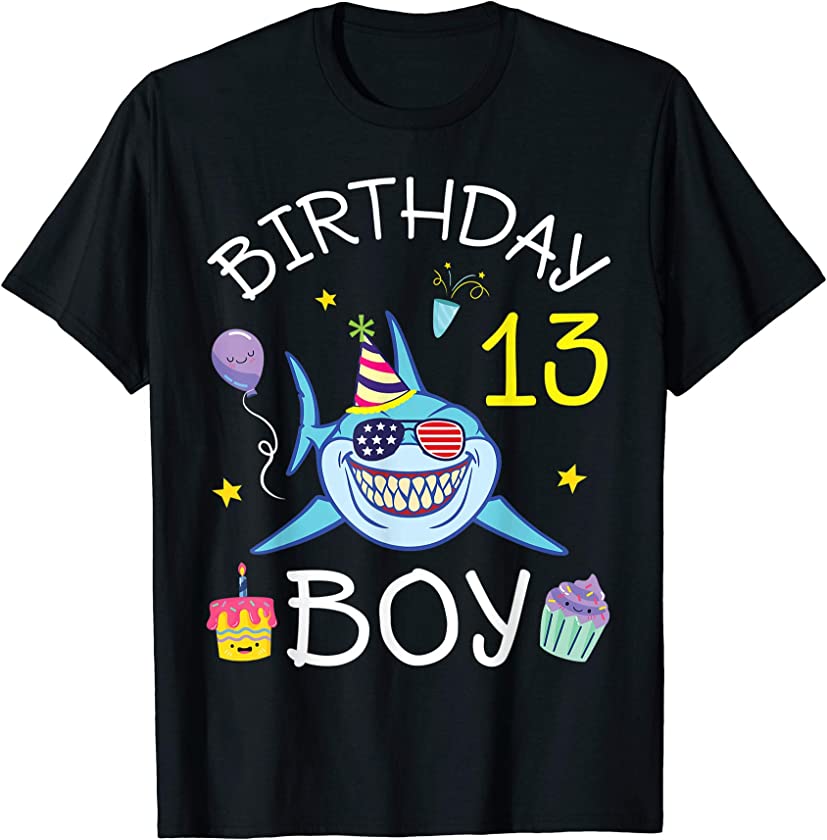 Cake Balloon US Flag Glass Shark Happy Birthday 13 Years Boy T-Shirt