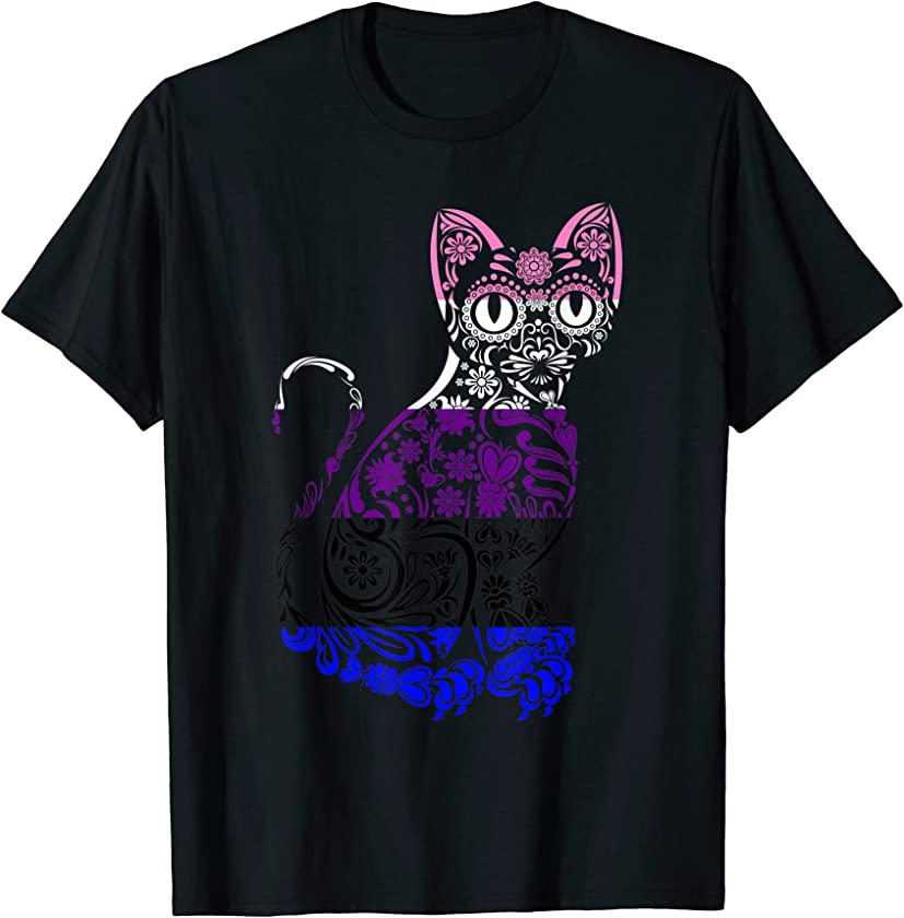 Cat Sugar Skull LGBT-Q Genderfluid Pride Flag Color Kitten T-Shirt