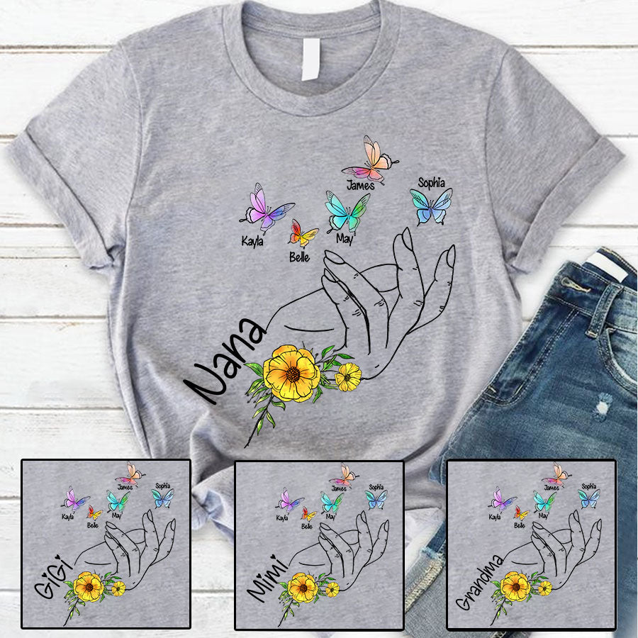 Grandma And Grandkids Flower Hands Butterfly T-Shirt