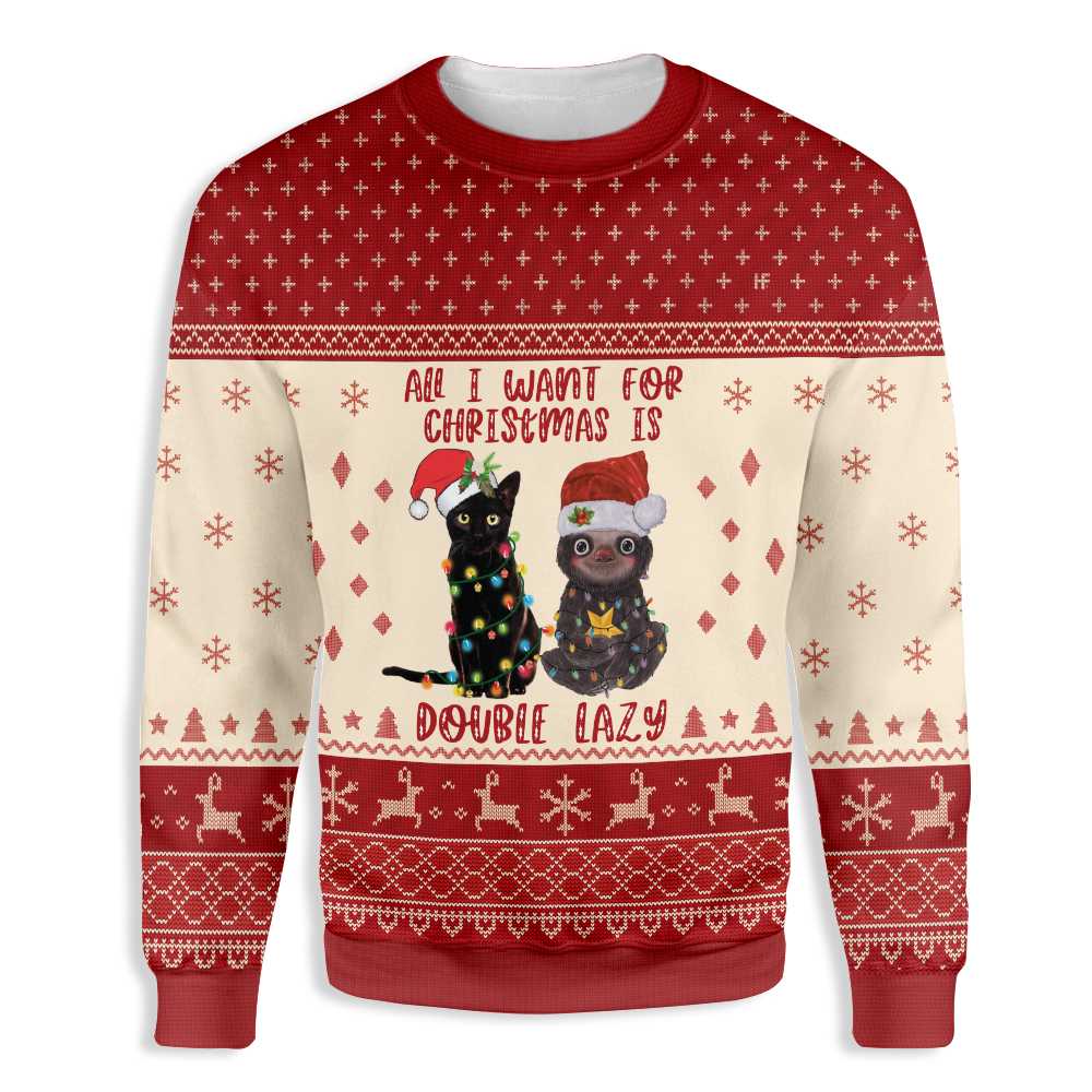 Cat All I Want For Christmas Is Double Lazy Cat And Sloth Ugly Christmas Sweater | For Men & Women | Adult | Us5463