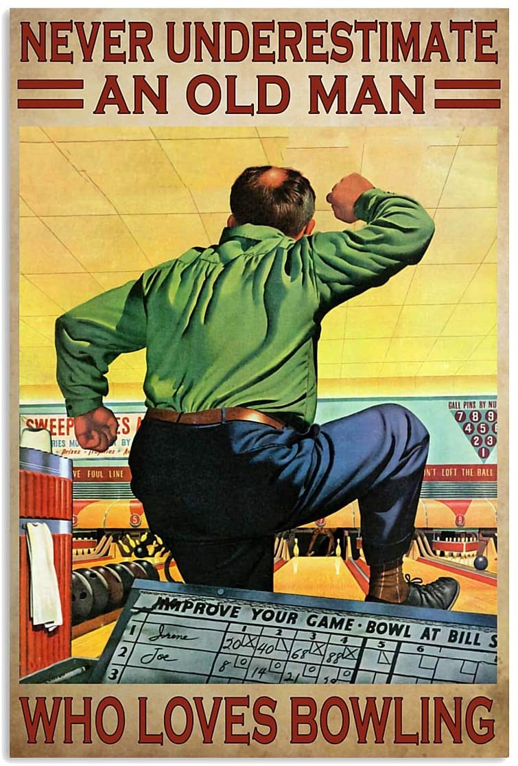 Vintage Bowling Old Man Never Underestimate Poster Art Print      Home Decor Gift For Men Women Family Friend On Birthday Xmas