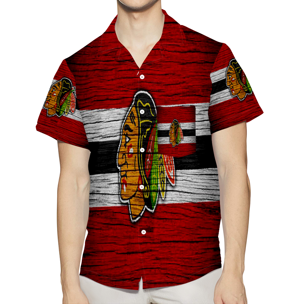 Chicago Blackhawks Emblem Wood2 3D All Over Print Summer Beach Hawaiian Shirt With Pocket