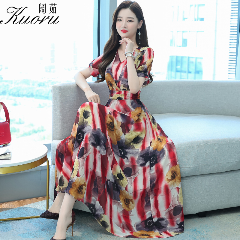 Summer Dress Women Maxi Vestido Floral Chiffon Short Sleeve Dresses Tunics V-Neck Robe De Plage Party Vestiti Donna Eleganti alx