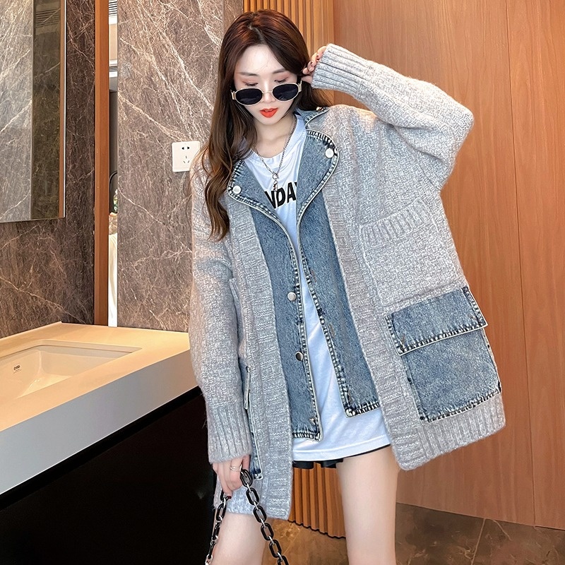 XFPV 2022 Autumn Winter New Arrivals Denim Stitched Sweater Coat Women’s Loose Thickened Knitted Cardigan Top Women SM1181 alx