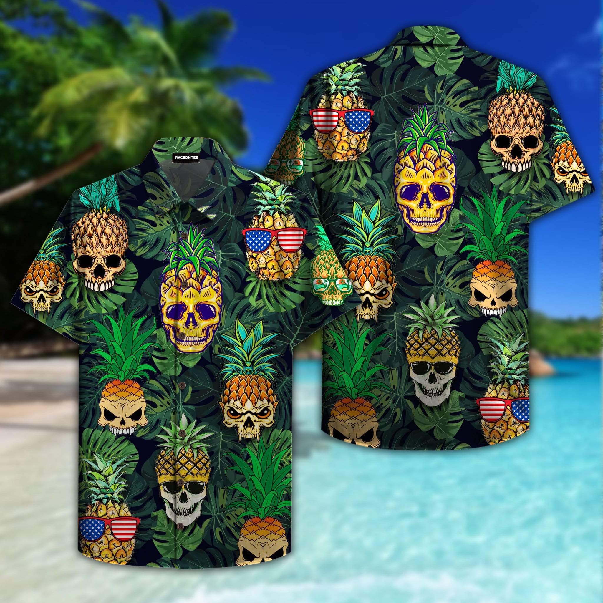 Hawaii Aloha Shirt Made In Skull Pineapple Flag Ha10822