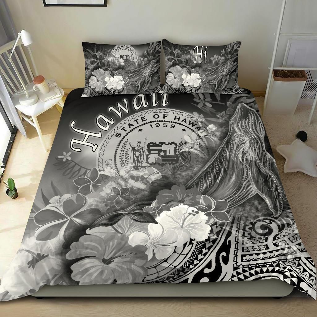 Alohawaii Bedding Set – Cover And Pillow Cases Polynesian Hawaii – Humpback Whale With Tropical Flowers (White)- Bn18