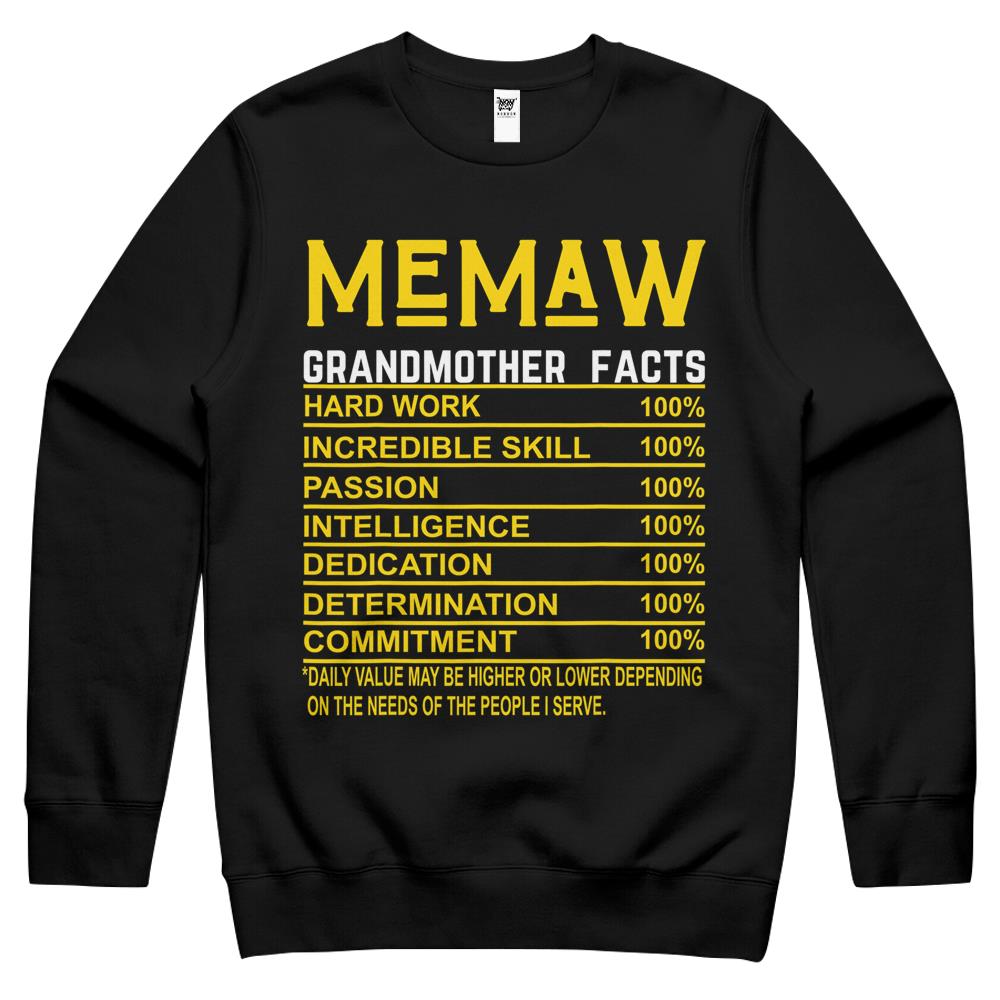 Nutritional Facts Shirt, Nutrition Facts Crewneck Sweatshirt, Memaw Grandmother Facts Funny Nutritional Fact Crewneck Sweatshirt