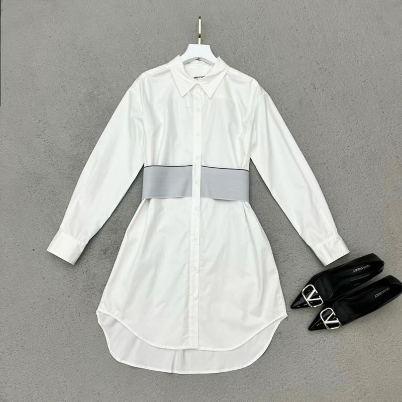 Big-name summer new lapel out tunic long-sleeved dress women’s fashion high street single-breasted embroidered casual shirtdress alx