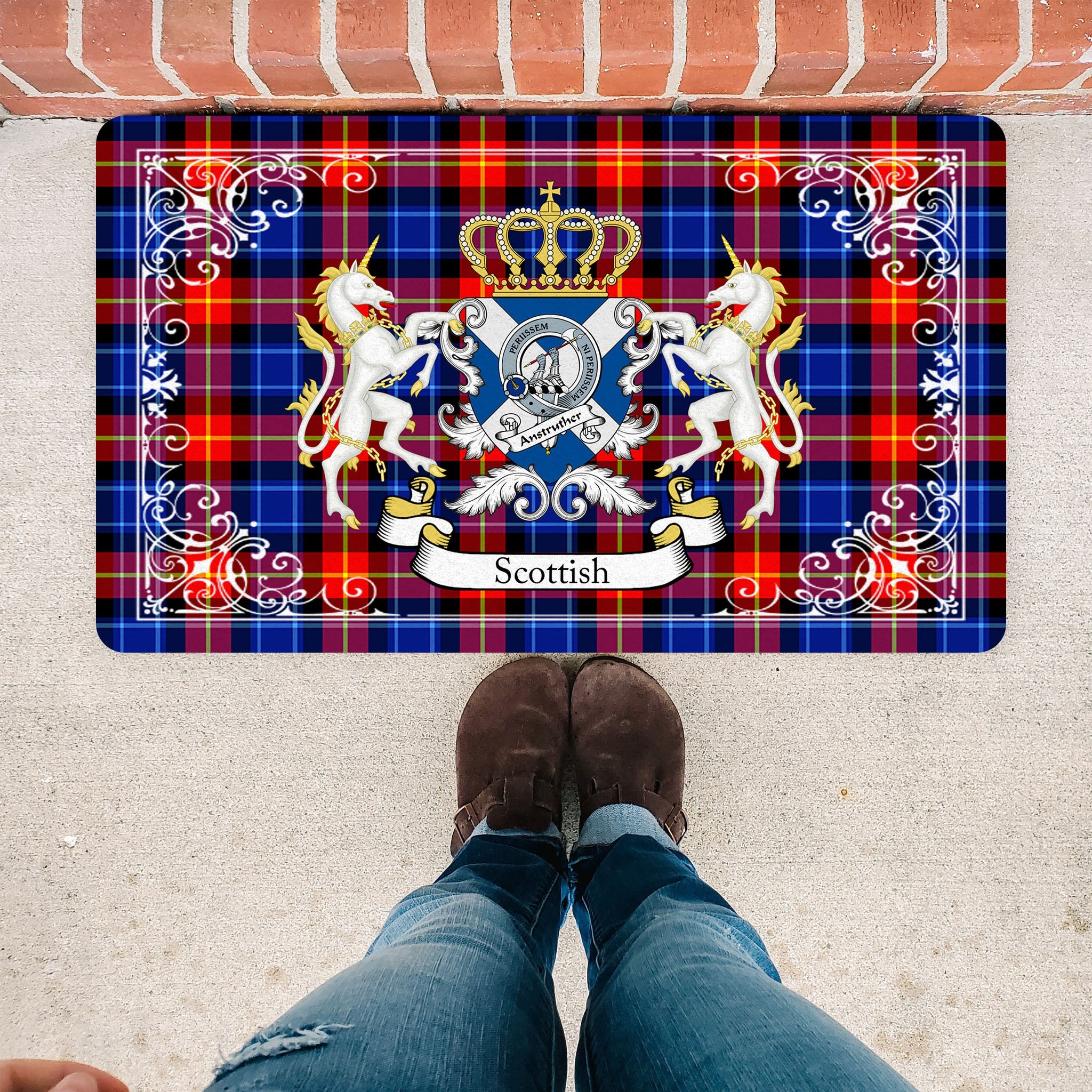 Scotstee Shop Tartan Door Mat Anstruther Clan Badge Tartan Scottish Plaid Doormat, Christmas Door Mat