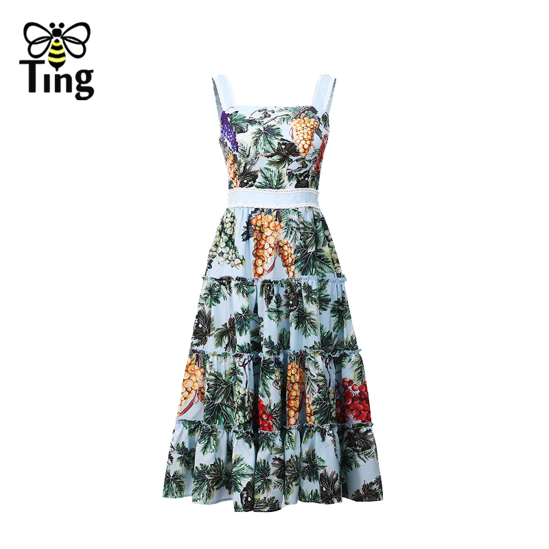 Tingfly Summer Fashion Grape Fruit Floral High Waist Midi Long Dress Women Street Casual A Line Sundresses Plus Size Elbise Robe alx