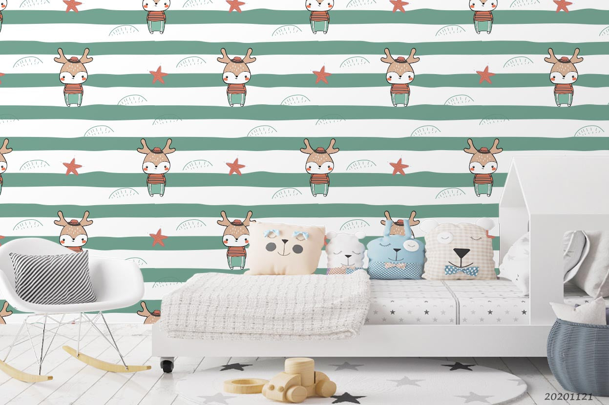 3D Cartoon Animal Sika Deer Green Stripes Wall Mural Wallpaper Lqh 35