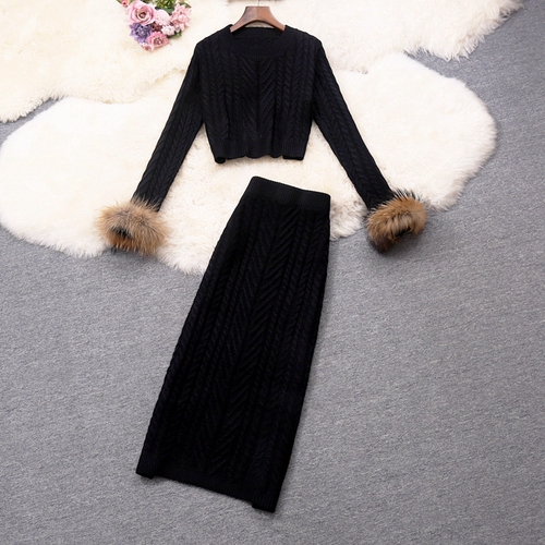 Autumn and Winter New Round Neck Twist Knitted Two-Piece Set High Waist Hip-Wrapped Skirt Furry Sleeves Long Sleeve Sweater Suit alx