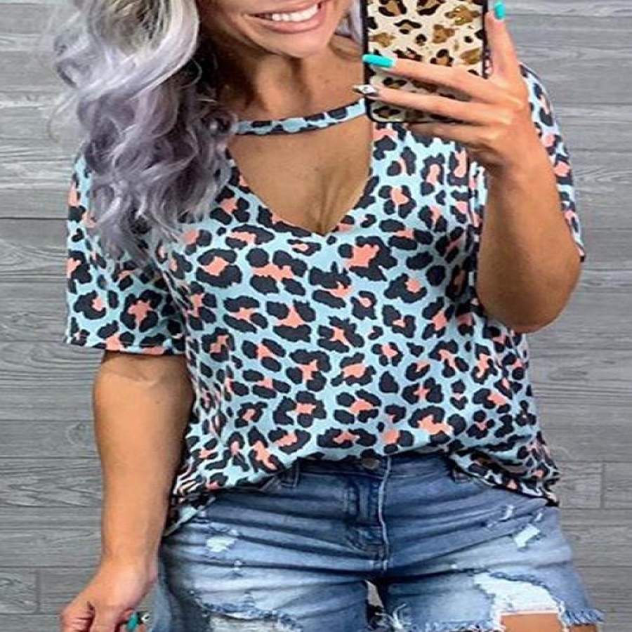 Women Leopard Print Choker V-Neck T-Shirts