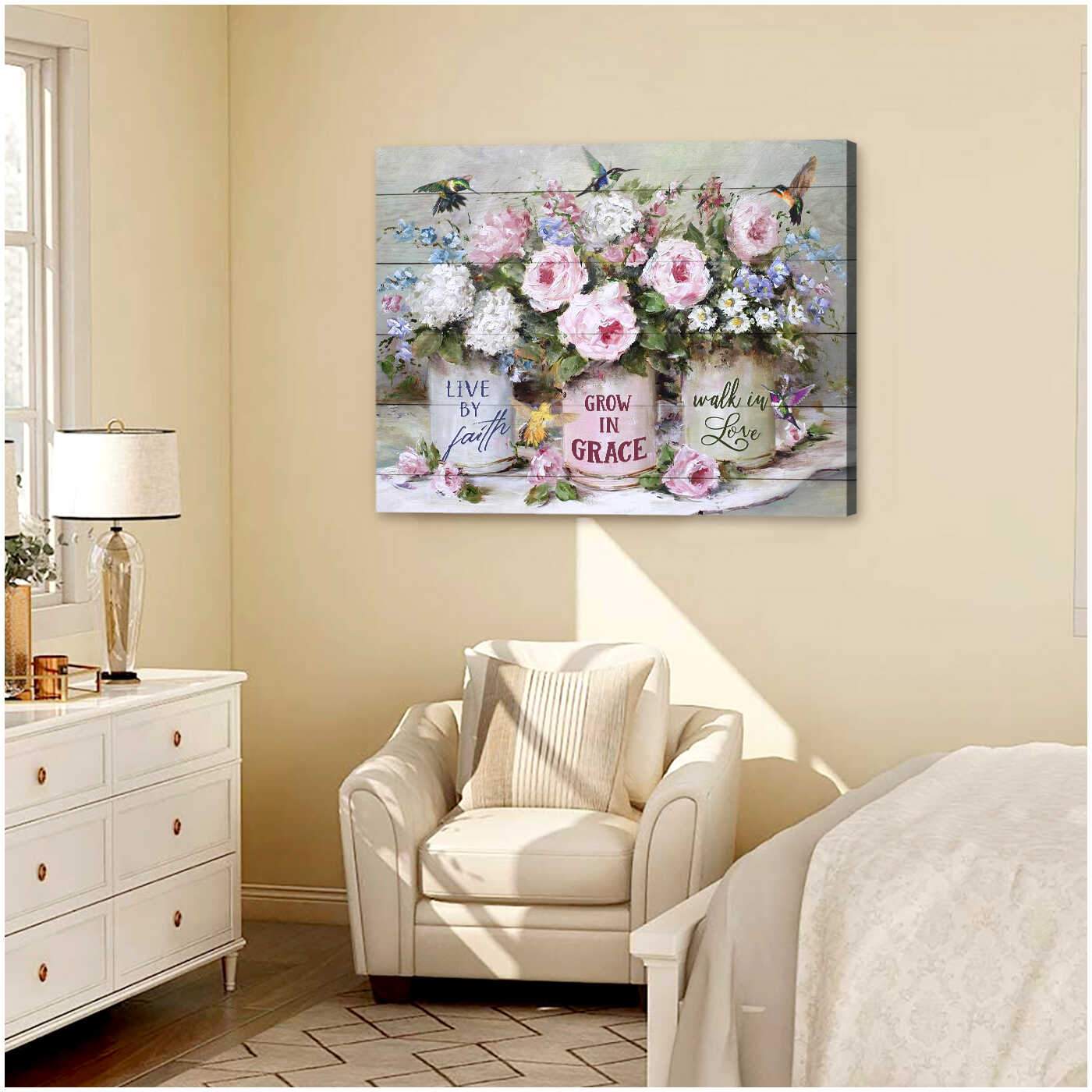 Gorgeous Flowers And Hummingbirds Live By Faith Canvas Poster Print ...
