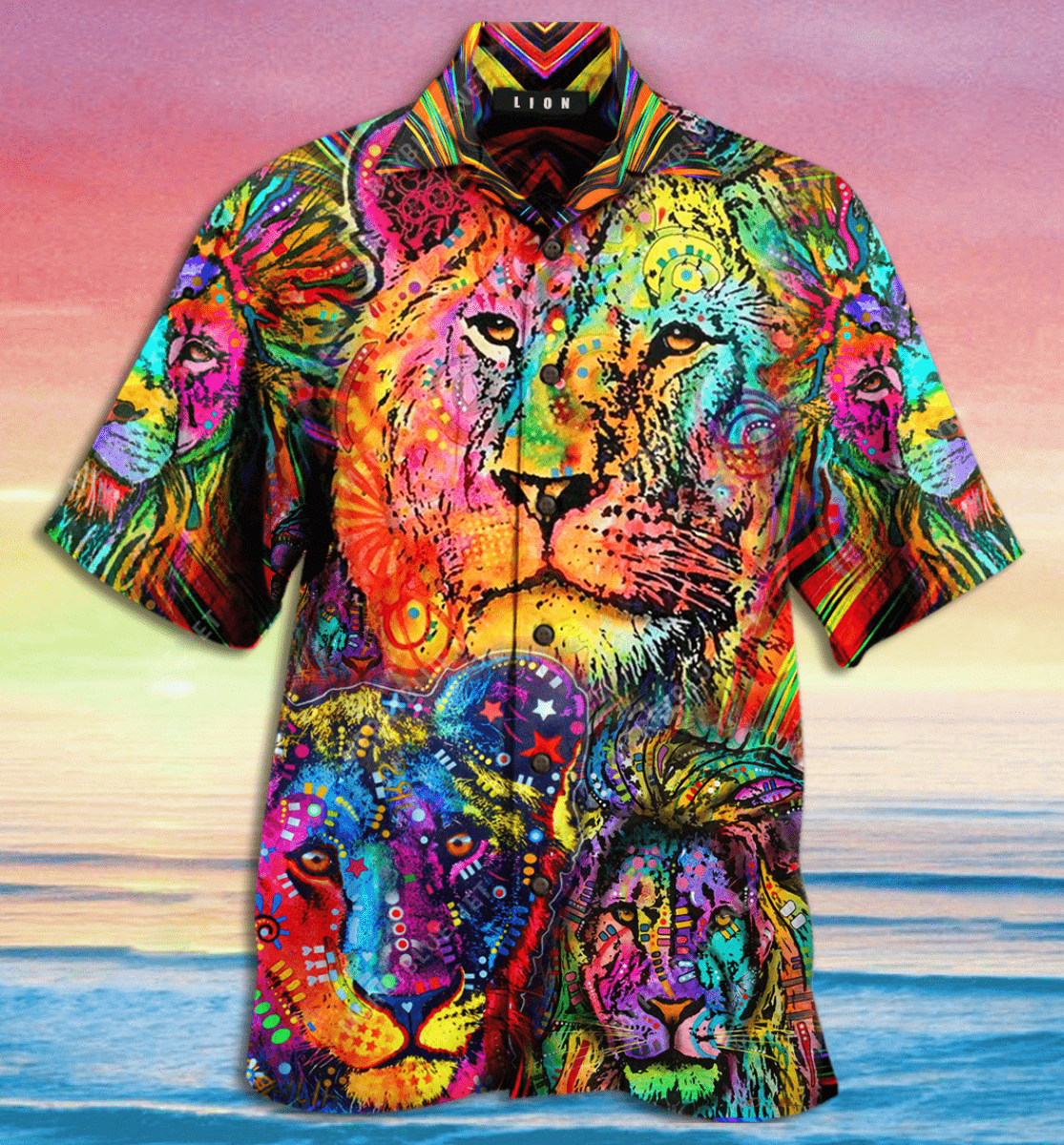 Get Here Colorful Amazing Lion Psychedelic Hippie Unisex Hawaiian Aloha Shirts DH
