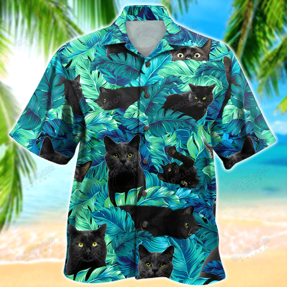 Black Cat Tropical Leaf Hawaii Shirt Ha19639