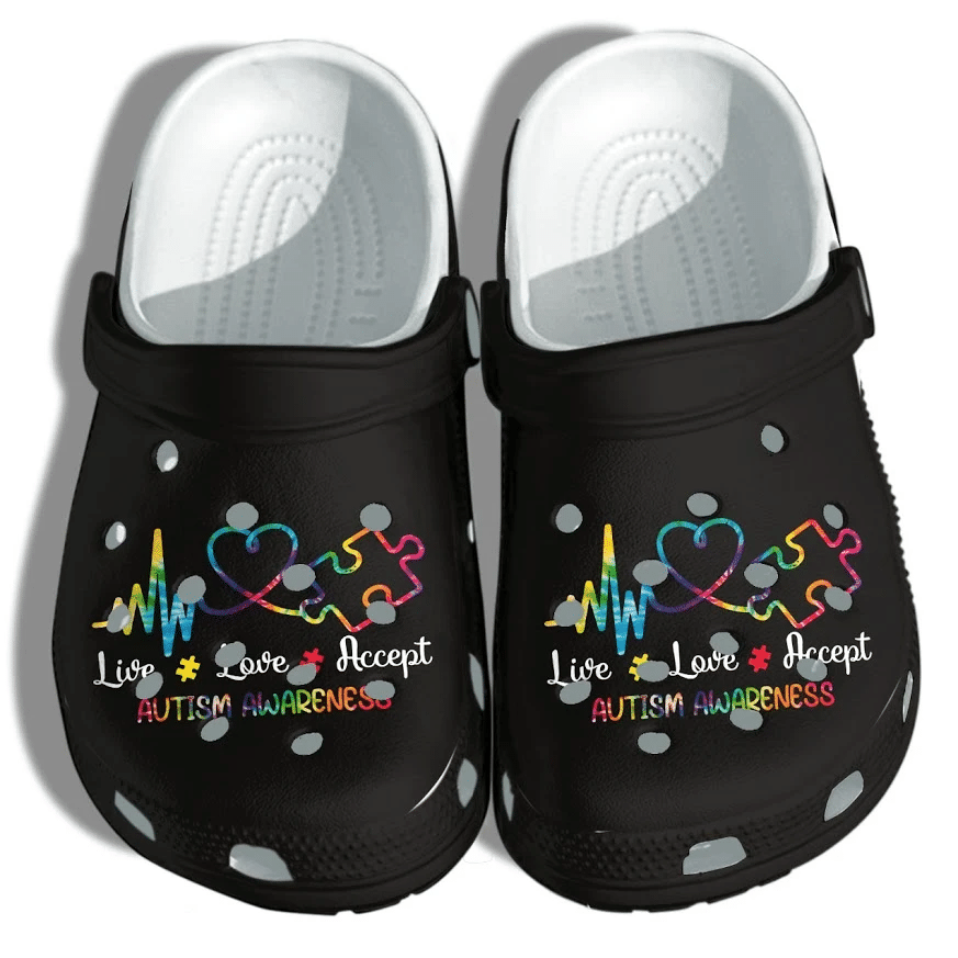 Heartbeat With Autism Awareness Shoes Crocs Gift – Live Love Accept Clog Shoes Gifts For Man Woman