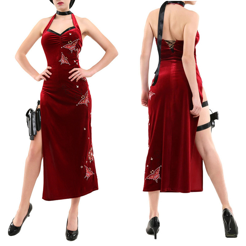 Ada Wong Cosplay Costume Embroidered Cheongsam Style Red Dress Women Halloween Cosplay Outfit alx